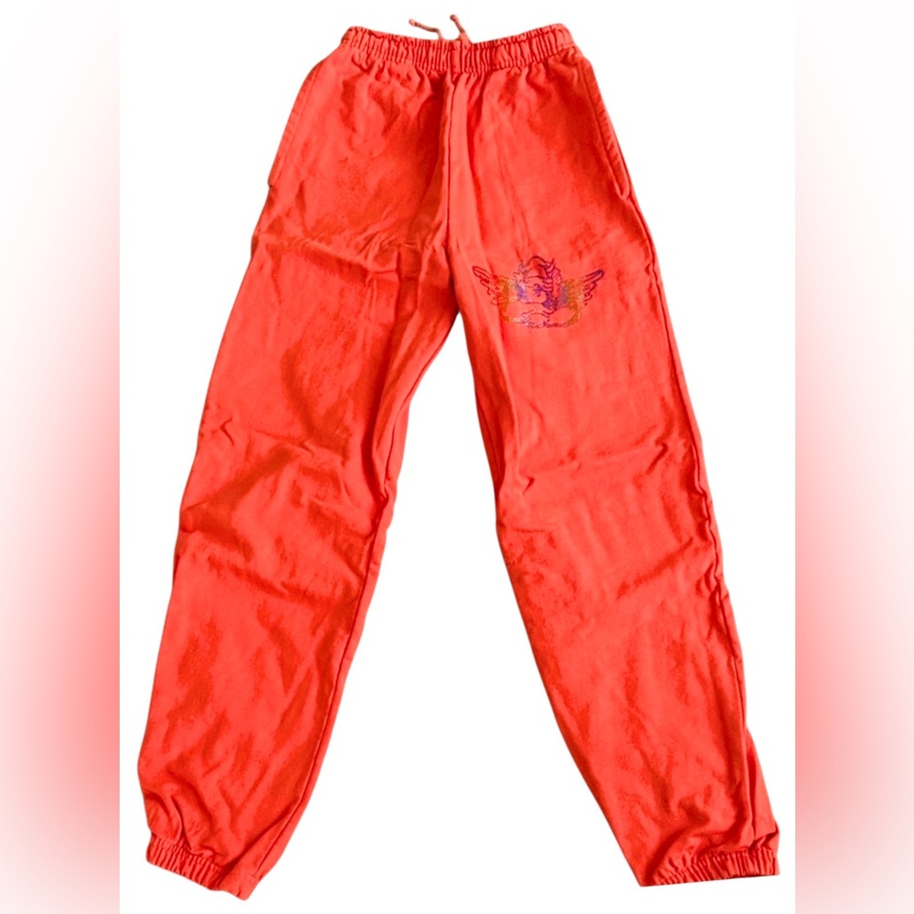 1-800-BOYS-LIE Orange 100% Cotton Sweatpants w/ Rainbow Angel Sequin Bling M - Picture 3 of 15